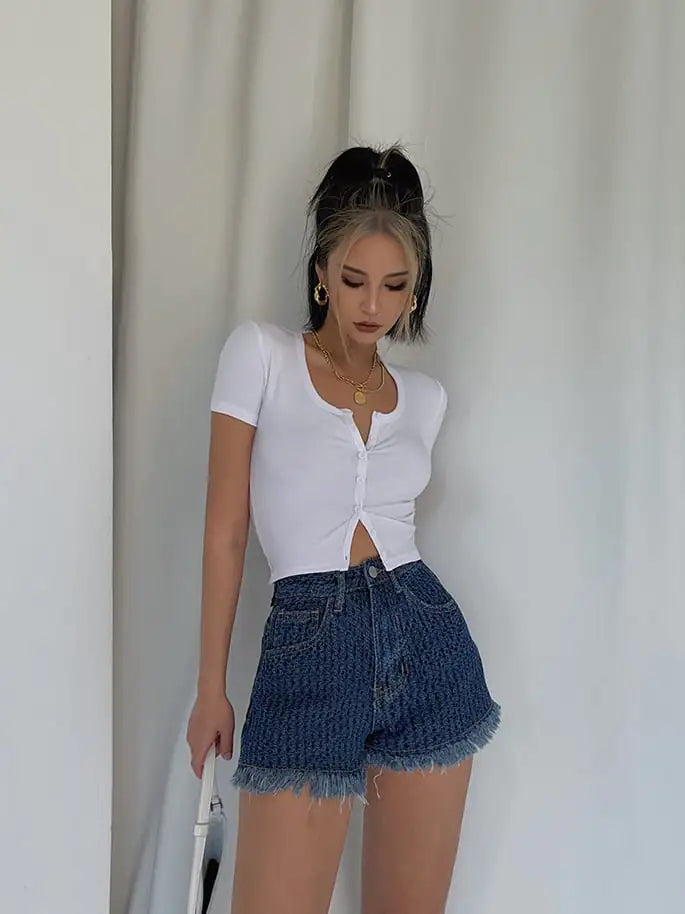 High-Waisted Skinny Frayed Hot Pants for Women