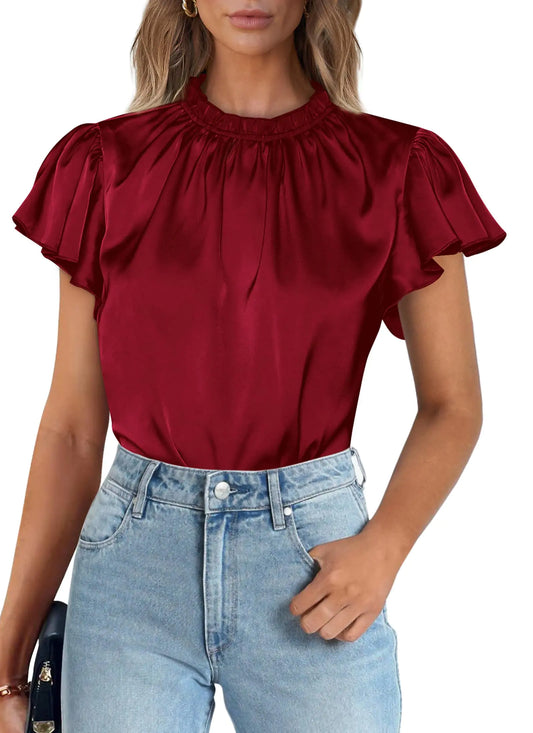 Womens Summer Satin Blouse Shirt. Dressy Casual Ruffle Short Sleeve Crewneck Work Party Tops