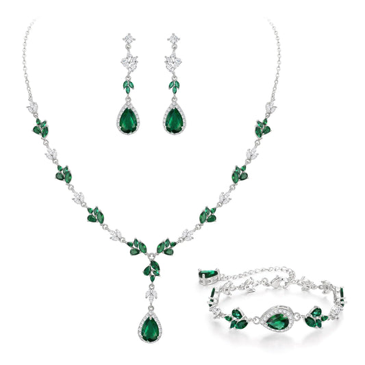 Wedding Jewelry Set for Women. Teardrop Cubic Zirconia Bride Necklace Dangle Earrings Bracelet Set for Party Prom