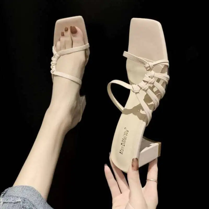 Woven Half Slippers with Thick Square Heels