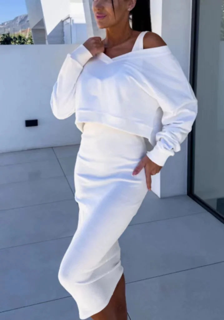 2-Piece V-Neck Sweater & Midi Skirt Set