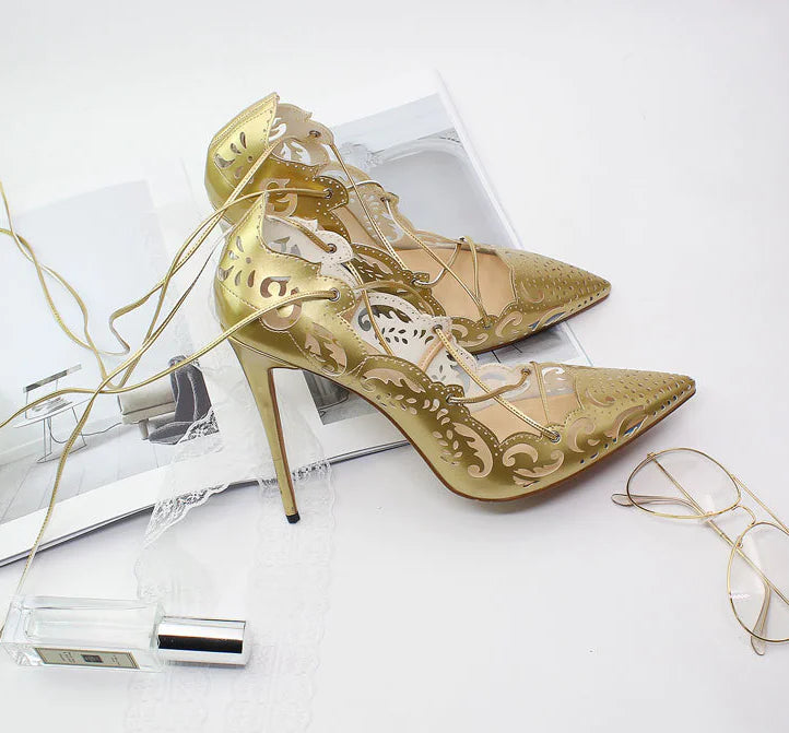 Lace-Up High Heels with Cutout Pattern Design