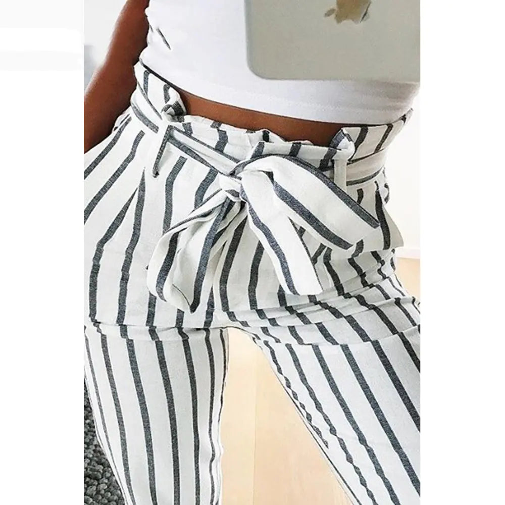 Fashionable Striped Casual Pants with Ties for Women