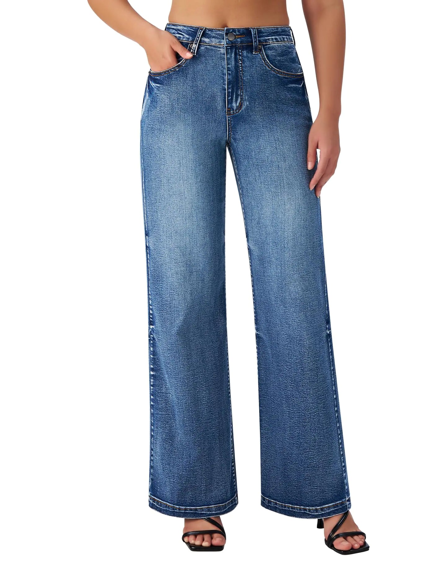 Womens Wide Leg Jeans. High Waisted Stretchy Denim Trouser Pants 104 Blue Small