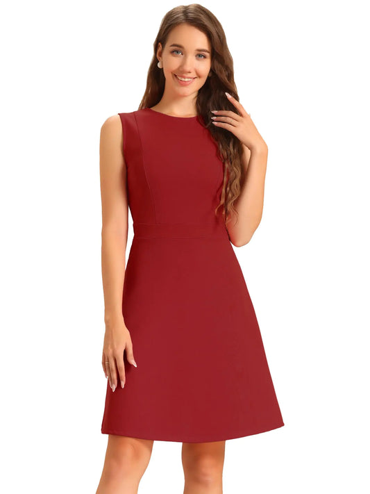 Womens Work Dress. Round Neck Solid Color Sleeveless A-Line Casual Office Dresses