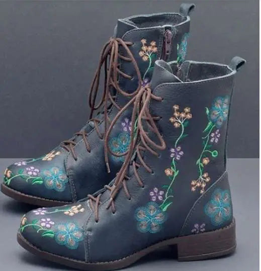 Comfortable Embroidered Mid-Heel Ankle Boots for Women