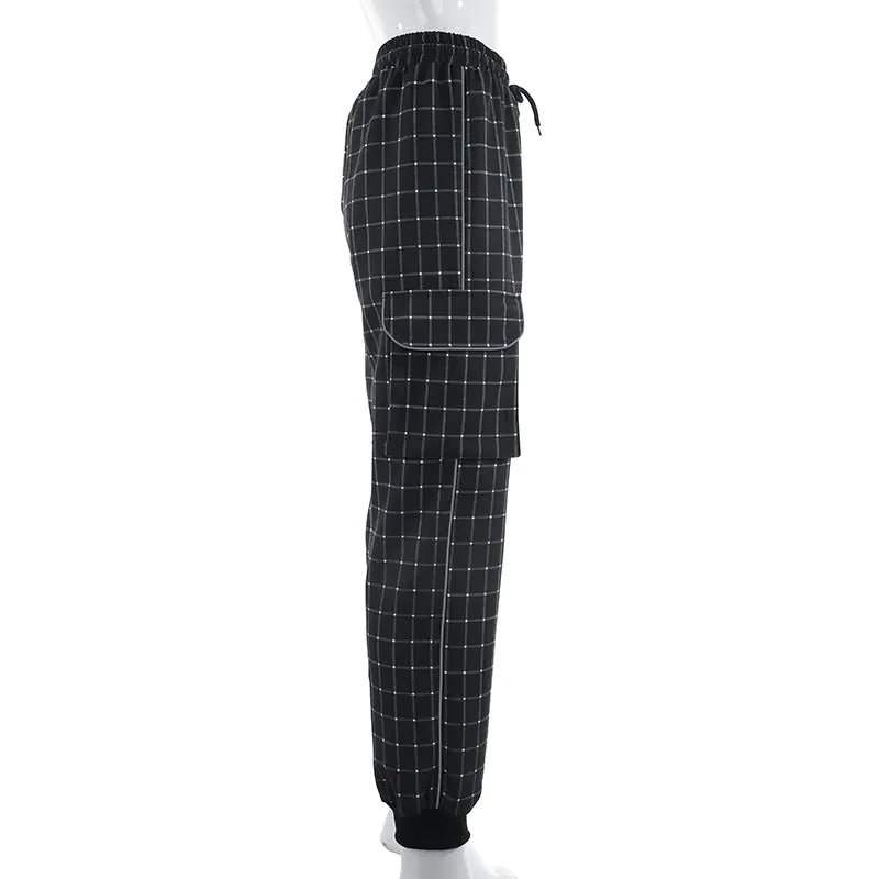 Reflective Color Block Plaid Jogger Pants for Women
