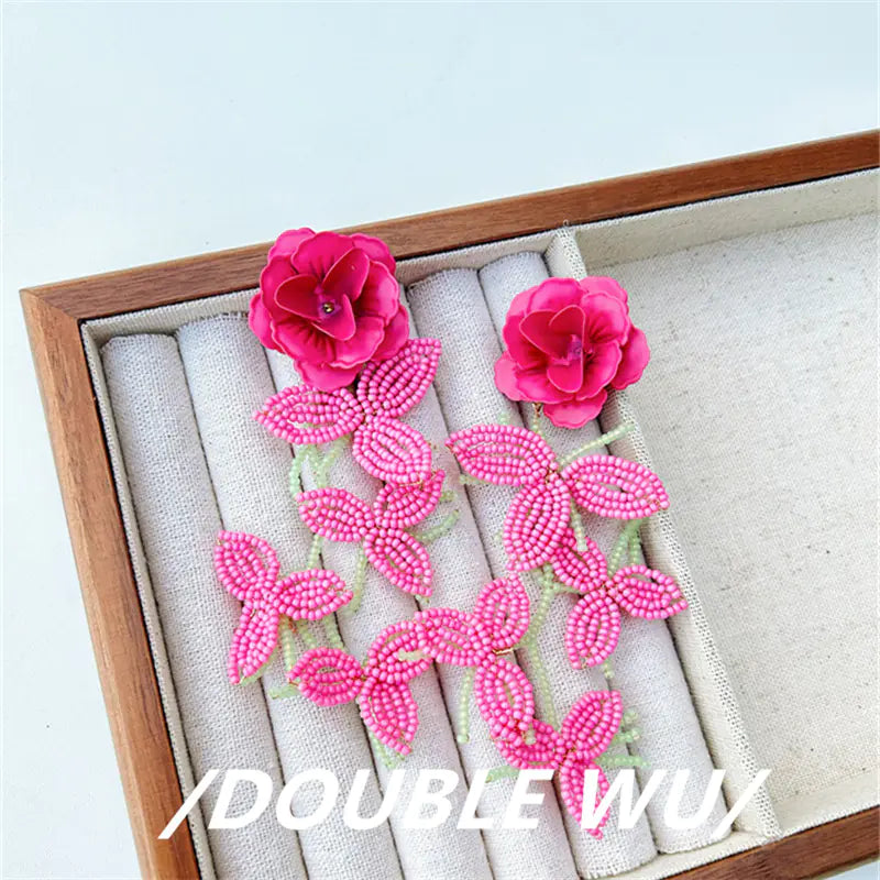 Handmade Beaded Flower Tassel Earrings for Women