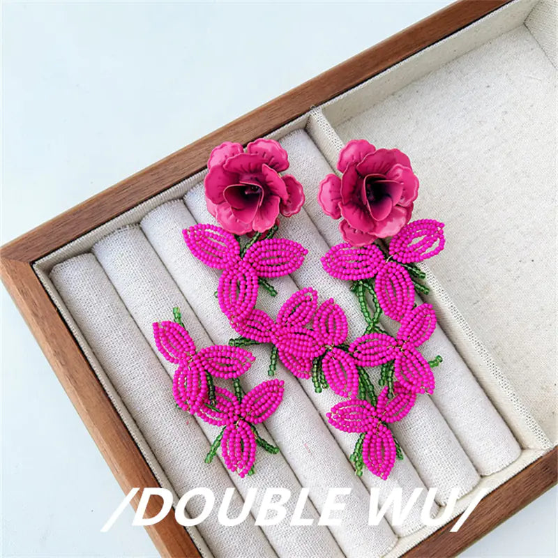 Handmade Beaded Flower Tassel Earrings for Women