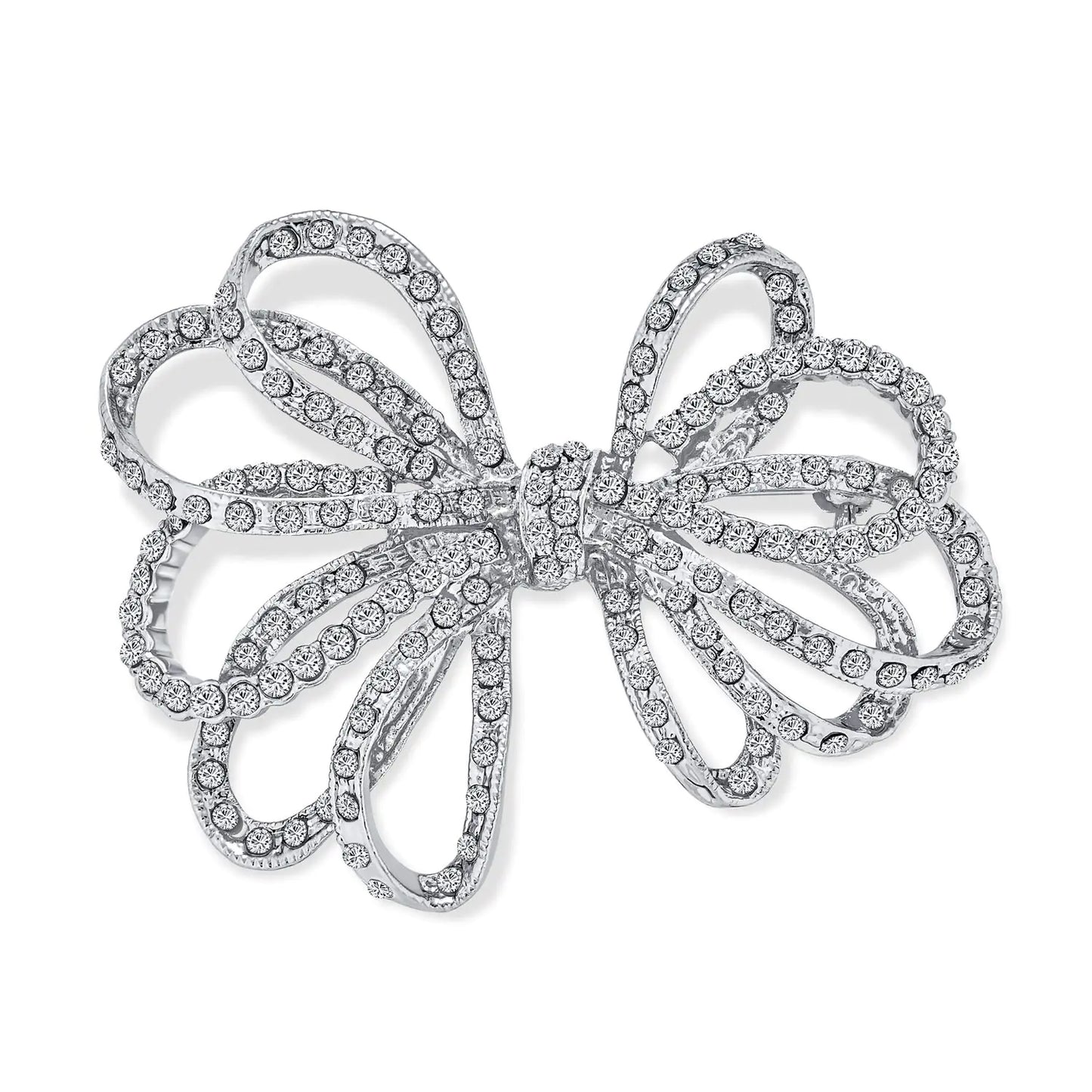 Large Bridal Holiday Statement Jewelry. Pave Crystal Wedding Open Bow Ribbon Brooch Pin for Women.