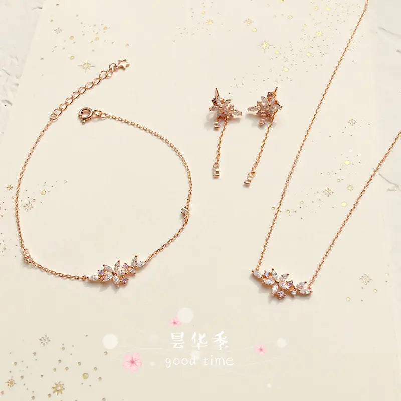 925 Sterling Silver Floral Branch Necklace and Earrings Set