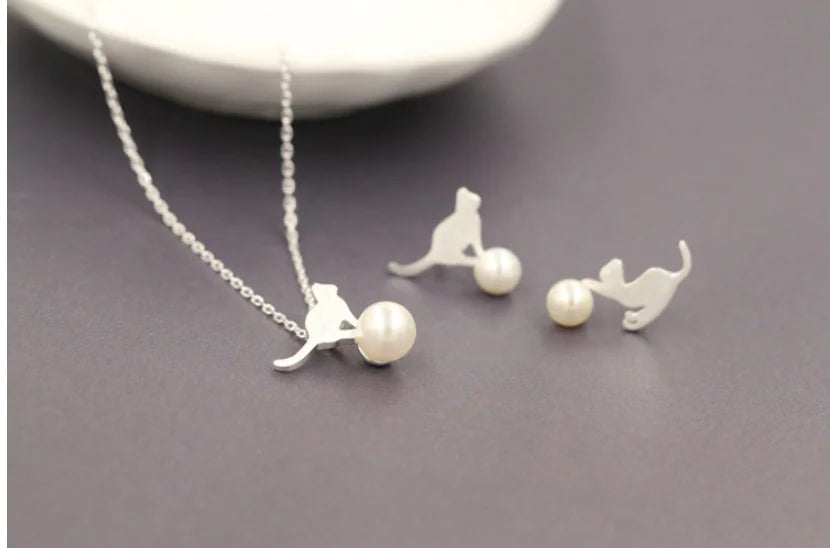 Cat Pearl Stud Earrings and Necklace Set