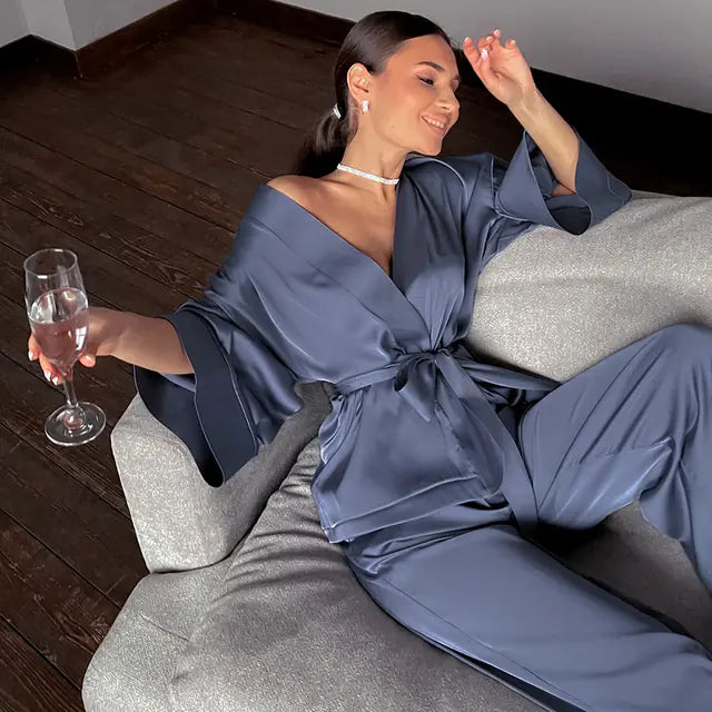 Solid Women’s Satin 2-Piece Pajama Set with Sashes