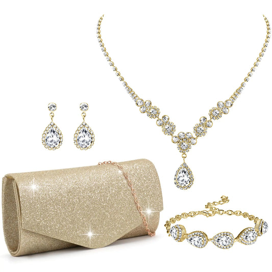 FEYIR Clutch Purse , Silver Gold Rhinestone Crystal Necklace, Earrings and Bracelet Set. Formal Bridal Prom Accessories Jewelry
