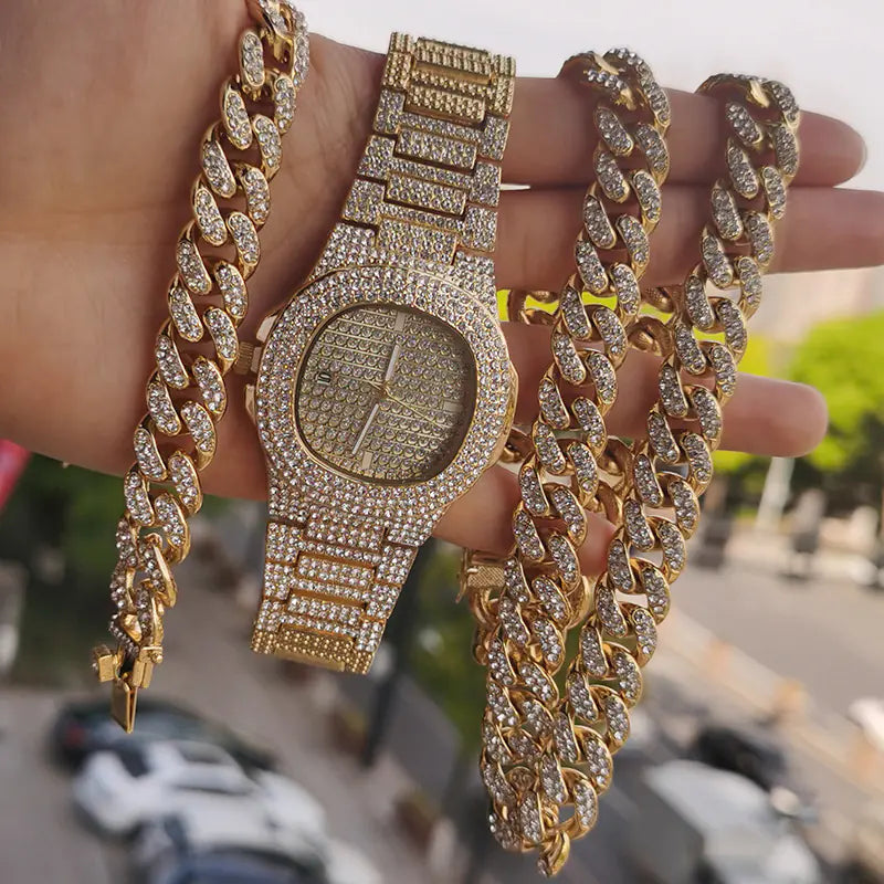 Hip Hop Cuban Chain Necklace Bracelet Set
