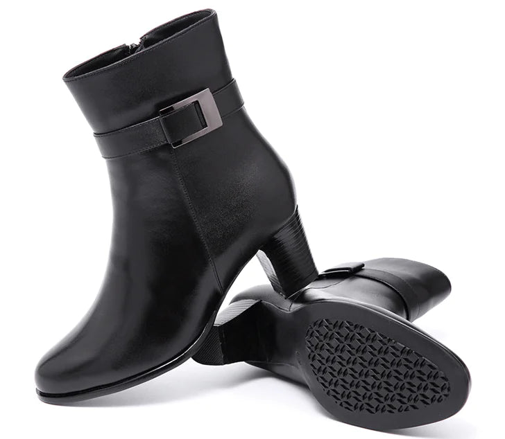 Women's Mid-Calf Leather Boots with Zipper and Heels