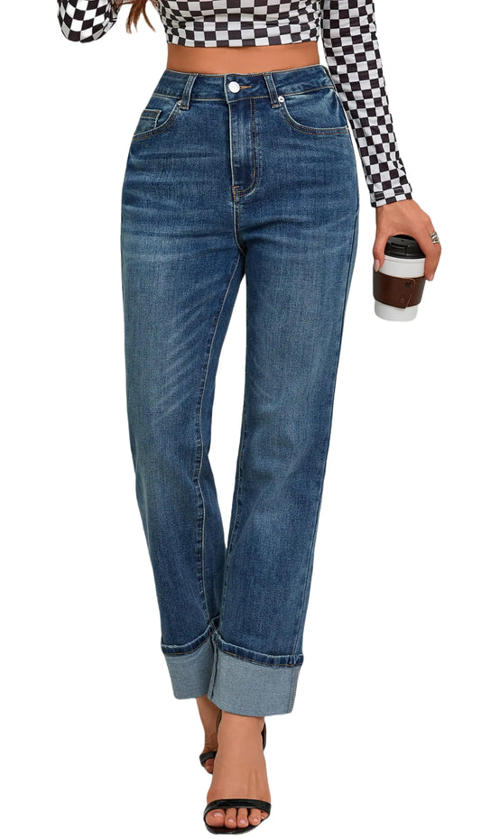 Womens High Waisted Stretchy Straight Leg Jeans. Tummy Control Trendy Cute Ankle Fold Hem Pants