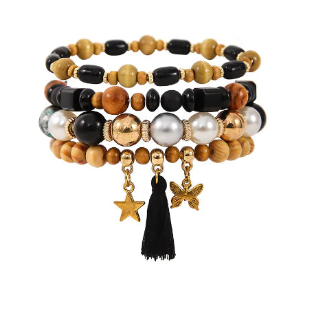 Ethnic Wooden Bead Tassel Bracelet Set