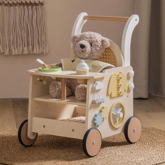 Wooden Baby Push Walker for Toddler. With Center Push Toys and Safety Brake for Motor Skills