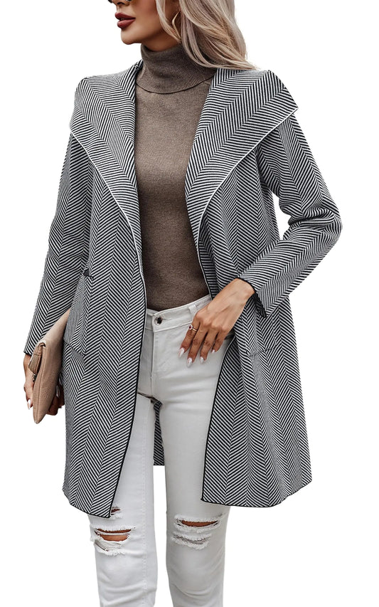 Women Sweater Cardigan. Striped Fall Knit Coat, Long Sleeve Oversized Lapel Open Front jacket