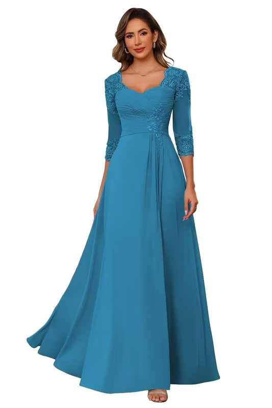 Chiffon Wedding Guest Dress with Sleeves. Lace Appliques Ocean Blue Long Ruched Formal Dress, Maxi Pleated A Line Fall dress