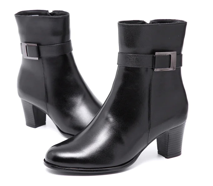 Women's Mid-Calf Leather Boots with Zipper and Heels