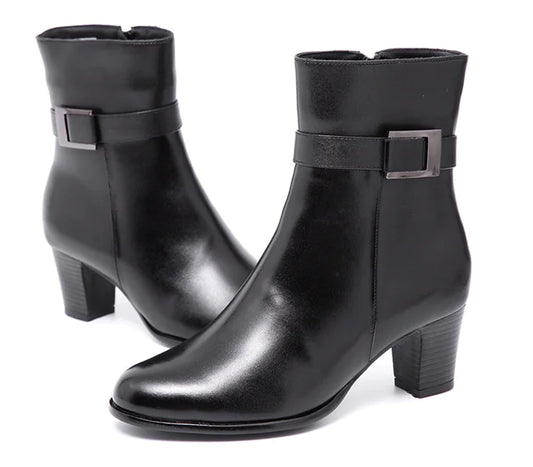 Women's Mid-Calf Leather Boots with Zipper and Heels