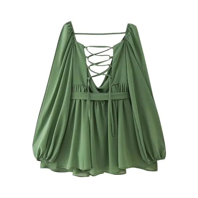 Backless Lace-Up Gauze Mini Dress with Lantern Sleeves