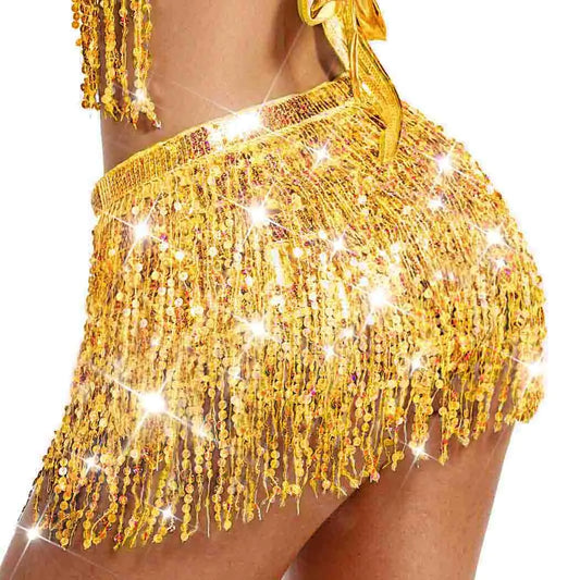 Sparkly Sequin Skirt. Fringe Hip Scarf Gold Tassel Belly Dance Skirts for Women
