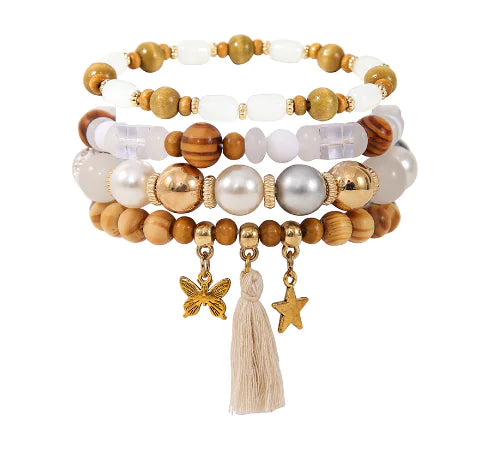 Ethnic Wooden Bead Tassel Bracelet Set