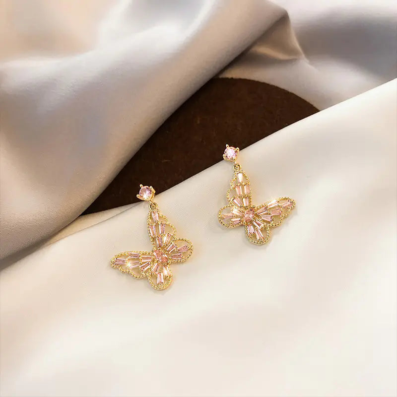 Luxury Pink Zircon Butterfly Stud Earrings for Women