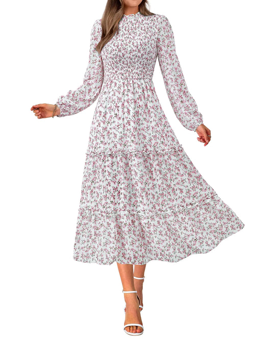 Floral Boho Casual Dress. Long Sleeve Crew Neck Ruffle A-Line Flowy Maxi Dresses