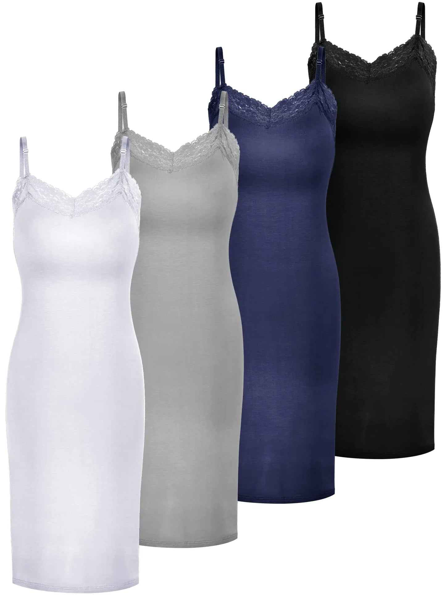 4 Pcs Women Full Slips for Under Dresses. V Neck Adjustable Lace Long Tank Tops (White, Gray, Navy Blue, Black Large)