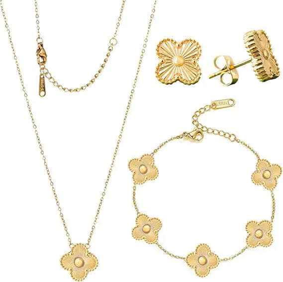 Four Leaf Clover Bracelet Necklace and Earrings. Fashion Jewelry Set for Women