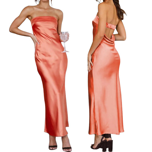 Womens Sexy Satin Tube Maxi Dress. Elegant Silk Strapless Open Back Party Cocktail Formal Long Dresses