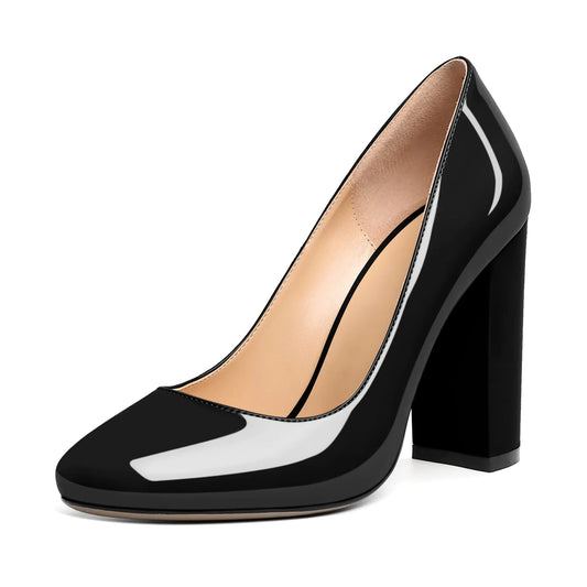 Slip On Closed Round Toe Pumps. Block High Heel 4 Inch Shoes, Dressy Shoes for Women
