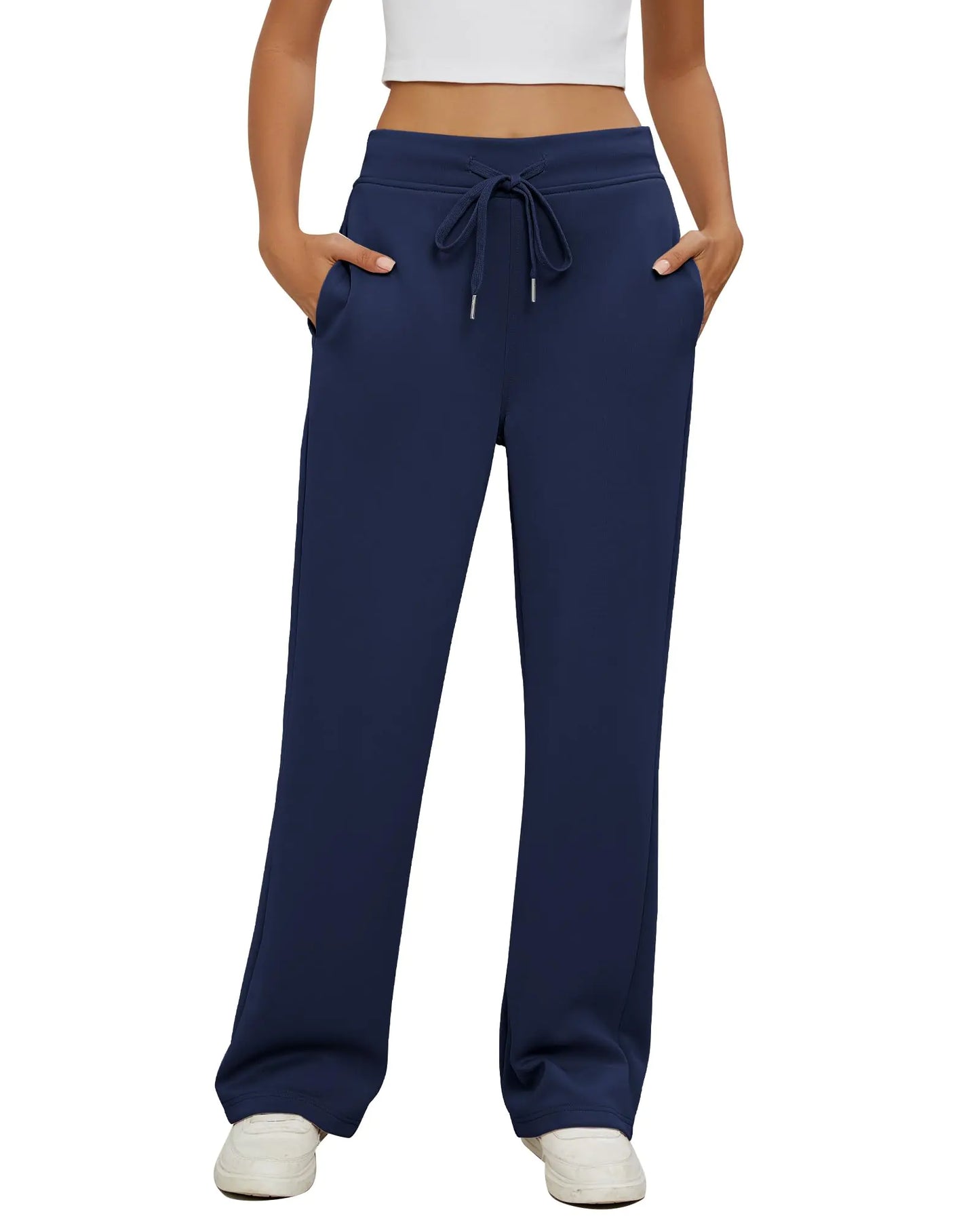 Dark Blue Womens Sweatpants. Elastic High Waist Drawstring Trendy Wide Leg pants. Navy Blue Size Medium