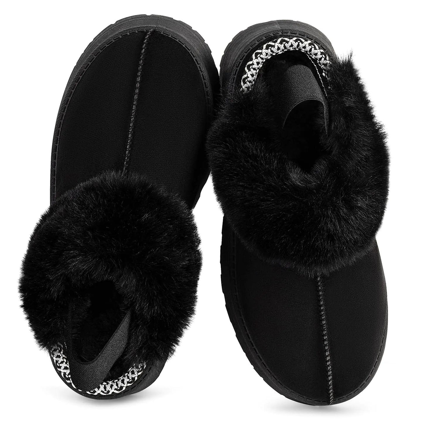 Fuzzy Platform Slippers for Women. Fur Fluffy Slip-On Memory Foam Clogs House Slippers