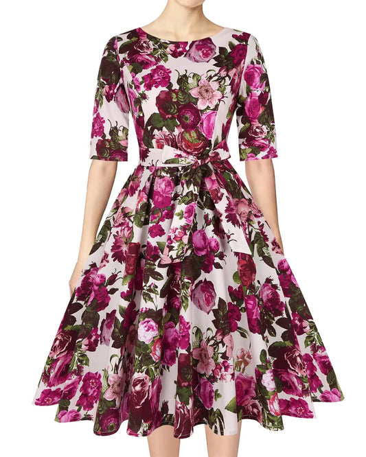 Tea Party Vintage Dresses for Women. 50s Knee Length Dress with Belt and Pockets 3/4 Sleeve