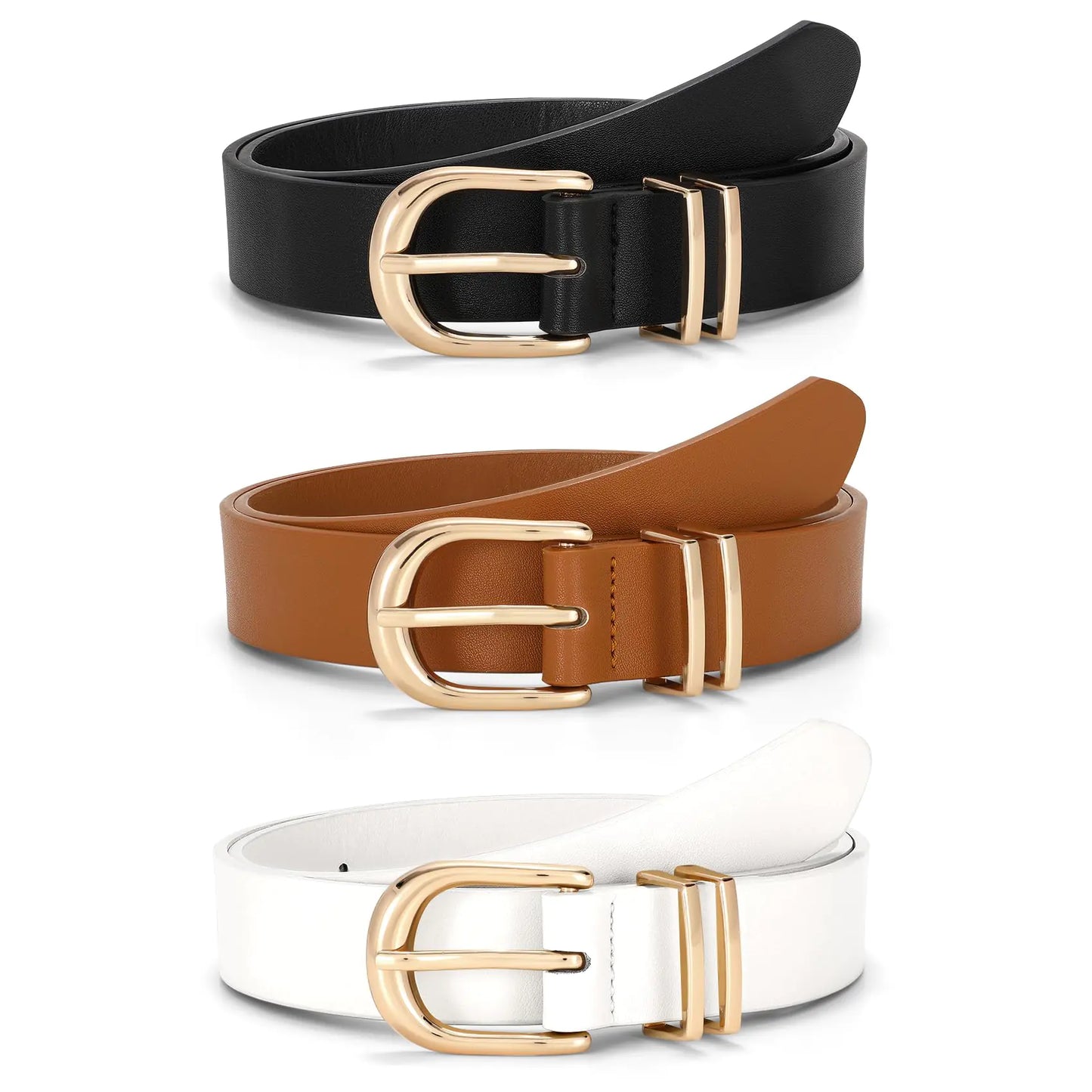 3 Pack Women Belts For Jeans Dresses Pants. Ladies Faux Leather Waist Belt with Gold Buckle(Black+Brown+White)