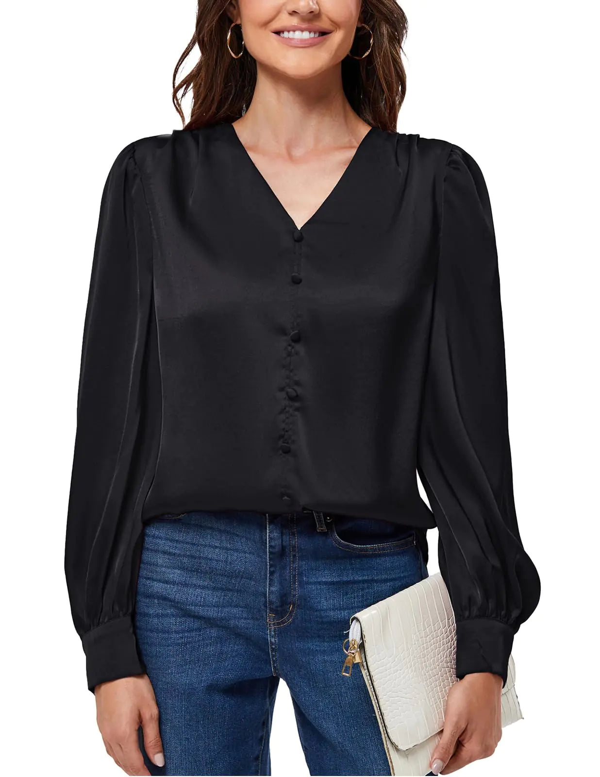 Casual Satin Silk Long Sleeve Blouse. Formal Business Work Pullover Top, Dress Shirts. Blue XL