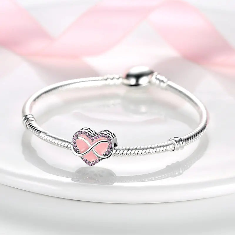 S925 Silver Plated Heart Bead Charm Bracelet Necklace