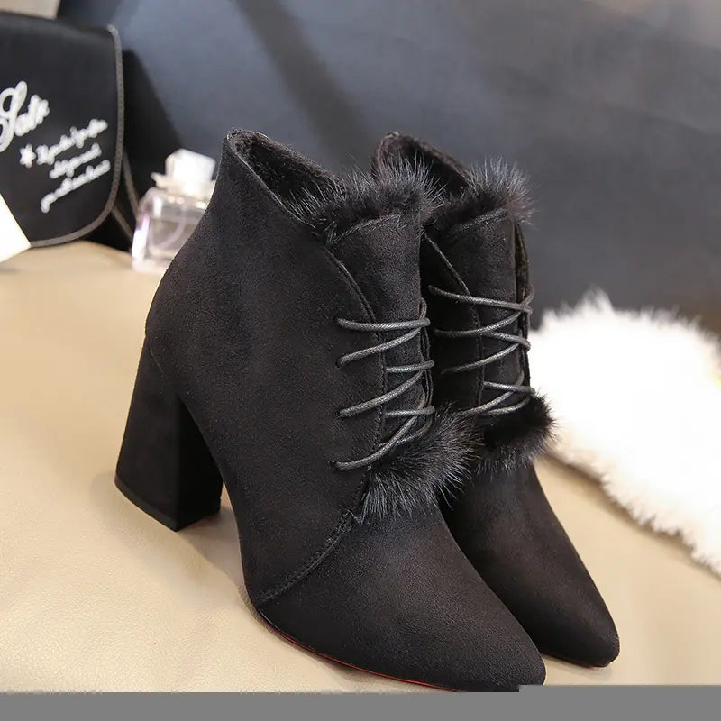 Women's Suede Low-Cut Pointed Toe Block Heels