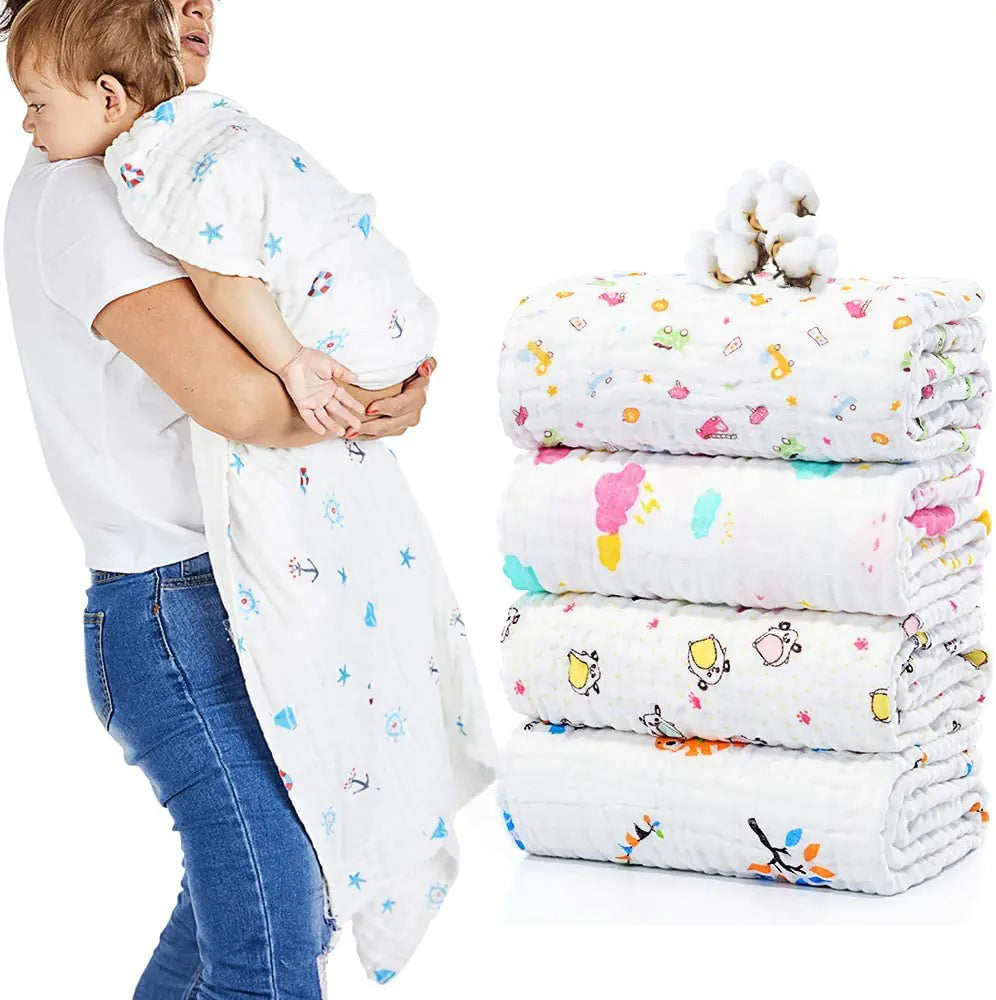 2-set Muslin Baby Bath Towels and Blanket. 6 Layer 41.5" x 41.5" Cotton Extra Soft Wash Cloth