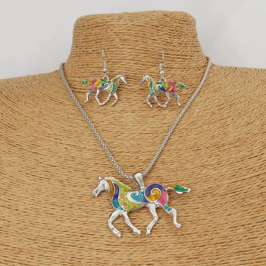 Fashionable Drip Oil Rainbow Horse Jewelry Set for Women