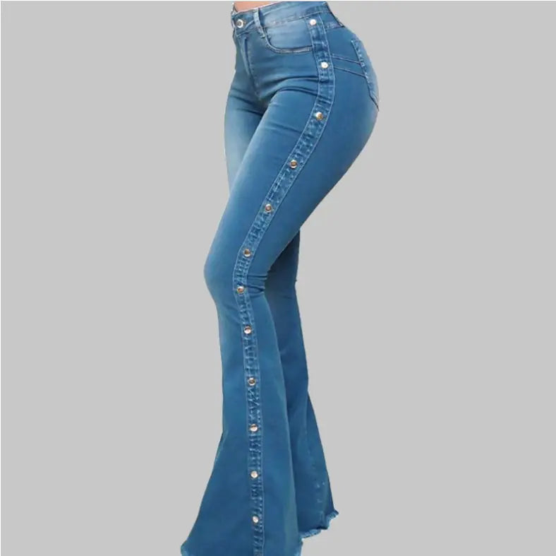 High Waist Stretch Denim Flared Pants for Women