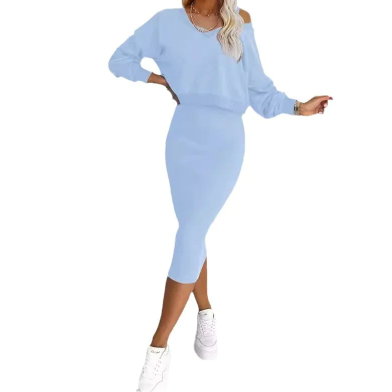 2-Piece V-Neck Sweater & Midi Skirt Set