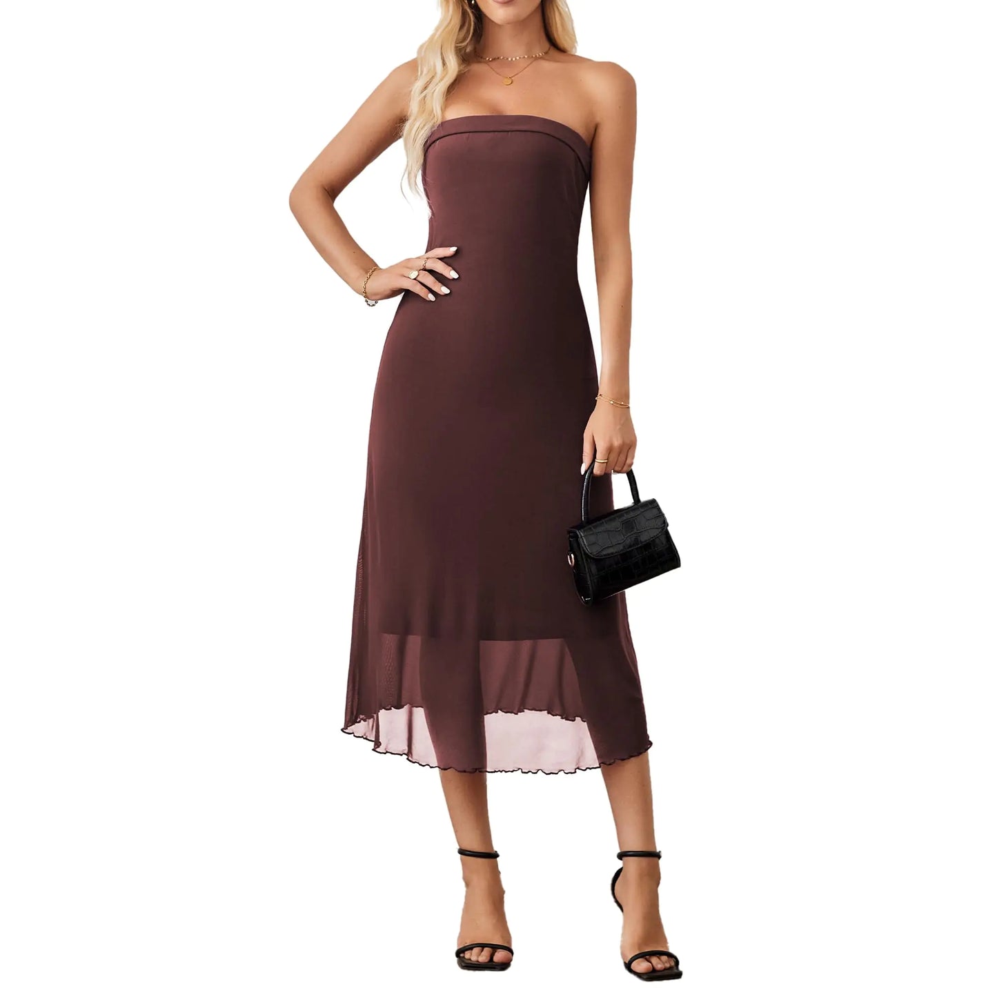 Summer Bodycon Midi Tube Dress. Strapless Mesh Casual Elegant Party Cocktail Dresses