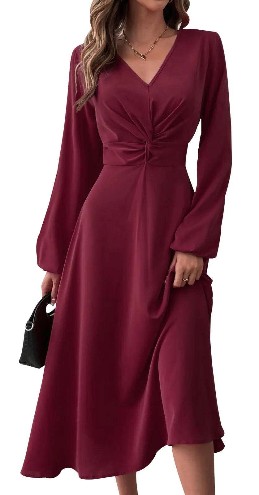 Twist Front Dresses for Women. Lantern Sleeve V Neck Casual Party Midi Dress