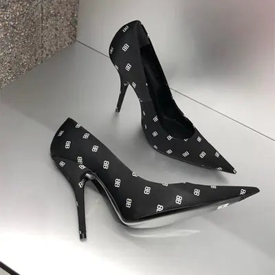 Pointed Toe BB Letter Print Stiletto Heels for Women